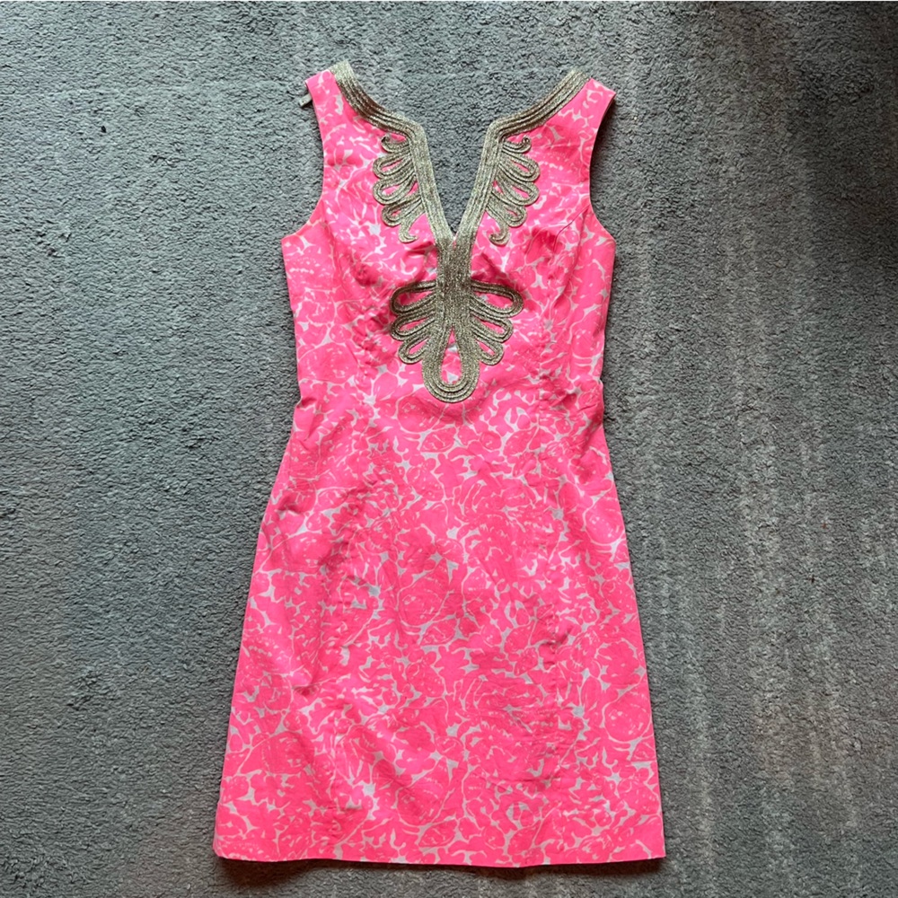 Lilly Pulitzer Neon Pink Gold Janice Shift Dress